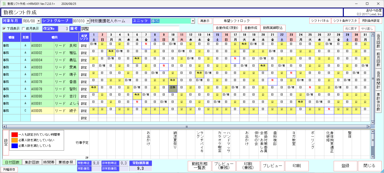 勤務シフト作成の画面。宿直計画で設定した宿直がシフト表に反映されている